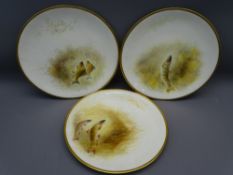 THREE JOSEPH BIRBECK SENIOR HAND PAINTED ROYAL DOULTON FISH PLATES titled Barbel, Samlet & Bream,