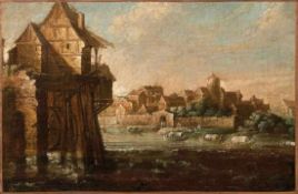 River Landscape with View of a Town and landing Boats