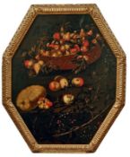 FrüchtestilllebenNeapolitanische Schule des 17. JahrhundertsAchteckig; über einem Brombeerstrauch