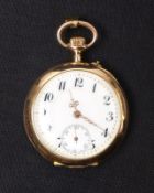 Damen-Schmuckuhr1. H. 20. Jh.Rundes Gehäuse mit rückseitig graviertem Monogramm, weißes