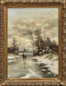 Jungblut, JohannWinterlandschaft mit Heimkehrern auf vereistem Flusslauf(Saarburg 1860-1912