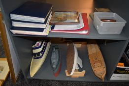 A collection of wooden and plastic part made model boats, various, along with spare parts, plans,