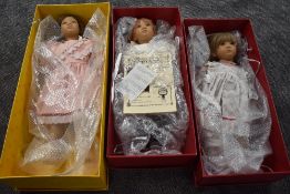 Three Annette Himstedt Puppen Kinder Dolls, collectors years 91/92, 92/93 and 93/94, all boxed