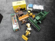 A Triang Hi-Way truck with plastic milk bottles, four Ertl and Joal diecast diggers and combine