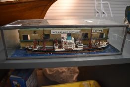 A wooden scratch built model, Suez Canal Co, Port Said Shed No 6 with Cargo Shipping Vessel named