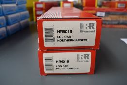 Two Rivarossi HO scale Log Cars, Northern Pacific H6016 and Pacific Lumber H6019, both boxed