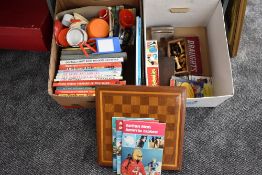 Two boxes of 1960's and later childrens books and annuals including Ladybird, Action Men Jig-Puz etc