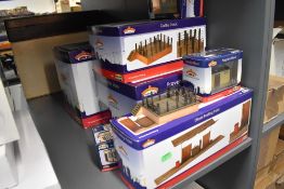 Five Bachmann 0 scale accessories, Cattle Dock, Single Road Engine Shed, Provender Store, Pagoda
