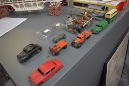 A selection of early Dinky diecasts including Ford Sedan, Morris Oxford, Flat wagon and Trailer,