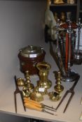 A selection of fire side items including companion set, oak biscuit barrel and brass ornaments