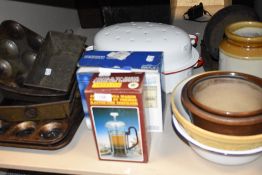 A selection of kitchen wares and baking goods including mixing, cream and butter bowls also baking