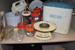 A selection of kitchen wares and cooking items including Salter scale set, tin bread bin and