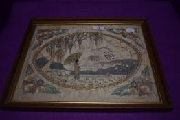 An oriental silk work possibly late 18th early 19th century, depicting Geisha walking lakeside