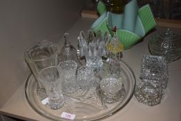 A selection of vintage glass, including 'Allenburys food measure' jug, green handkerchief bowl and