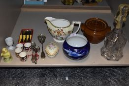A selection of ceramics including salt glazed crock pot and Victorian decanter