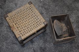 A cobblers last in vintage wooden box with oak framed stool
