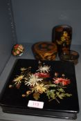A selection of Victorian and similar hand decorated lacquer and papier mache trinket and jewellery