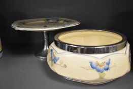 A vintage Burgess Bros , Carlisle Ware, fruit bowl with plated rim and matching cake stand having