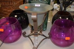 A selection of large glass vases including heavy set aqua green and similar bowls