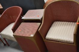 A selection of woven fibre furniture, comprising two tub chairs , bedside cabinet and laundry