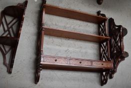 A reproduction mahogany triple wall shelf, width approx. 77cm and two similar double corner helves