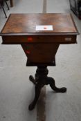 A Victorian walnut and mahogany teapoy style sewing table, approx. width 48cm