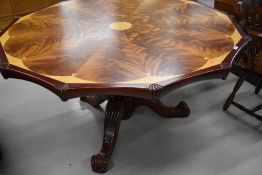 A reproduction dodecagonal (12 sided) centre table, having satinwood and walnut style inlay, snap