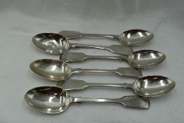 Six Victorian silver dessert spoons of fiddle back form bearing monogram B to terminals, London