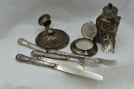 A selection of HM silver and white metal including casket of rectangular form, capstan inkwell