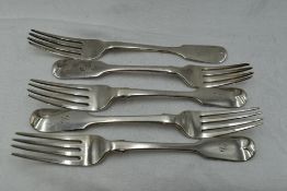 Five Georgian and Victorian matched dessert forks in the fiddle back pattern bearing monograms B/C