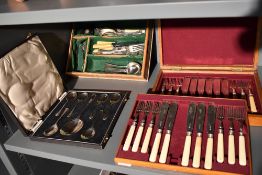 A selection of loose silver plated flatware, cased fruit spoons with server, and oak canteen of fish