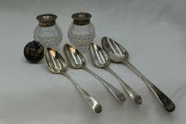 A pair of cut glass inkwells having HM silver tops, (no stand), a small HM silver patch box and four