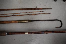 A split cane salmon rod wooden handled gaff and other rod parts