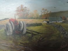 An oil painting on board, M Summerhay, tractor and cottage, signed, framed, 33 x 60cm