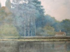 A watercolour, cottage by lake, framed and glazed, 17 x 26cm