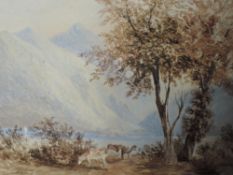 A watercolour, style of David Cox, cattle at lake, framed, 26 x 34cm