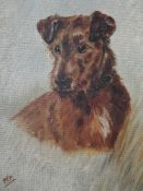 An oil painting on board, M W, dog study, initialled, 29 x 23cm