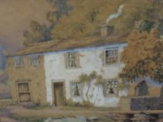 A watercolour, J West, riverside cottages, signed, framed and glazed, 28 x 30cm
