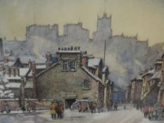 A watercolour, F Hodgson, winter townscape, Lancaster, signed, framed and glazed, 25 x 34cm