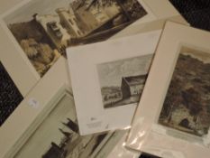 Four engravings, 19th century, Brougham Hall, 22 x 28cm, Eskdale Church, 11 x 16cm, View of