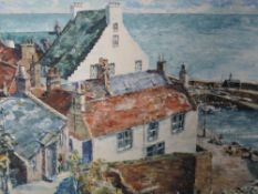 An oil painting on board, A M Starkie, coastal village, signed and dated, (19)85, framed, 28 x 34cm