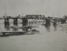 An etching after J A McNeil Whistler, Chelsea, framed and glazed, 18 x 24cm