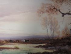 A watercolour, Norton Willis, cattle at pond, signed, framed and glazed, 25 x 50cm