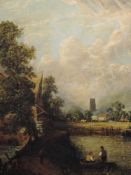 An oil painting, style of John Constable, anglers before mill and church, framed, 74 x 62cm