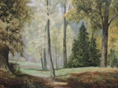 An oil painting on board, David Mead, Bury Hill Woods, Surrey, signed, 58 x 74cm