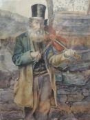 A watercolour, elderly gent playing fiddle, unsigned, framed and glazed, 66 x 48cm