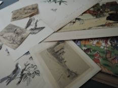 A portfolio of pictures, inc a watercolour, Indian entourage, 24 x 21cm, a print after Cecil
