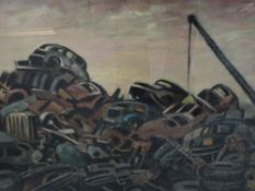 An oil painting, Hardaker, scrap yard, signed, framed and glazed, 48 x 74cm