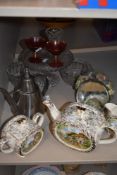 A collection of items including a Barbola dressing table mirror,Cake stand, jelly moulds,glasses and