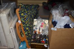 A miscellany of items amongst which are haberdashery, wools, vintage buttons, bedding and curtains